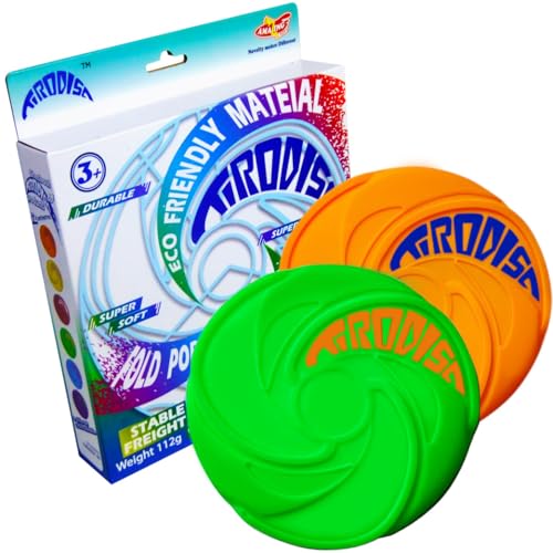 AMAZING TOYZ Tirodisc Frisbee 2-Pack- 20cm Easy Catch Foldable Pocket Flying Disc, Soft Silicone for Kids/Adults Beginner, Waterproof Beach Pool Outdoor Gift Age3+ - color: Orange and Green