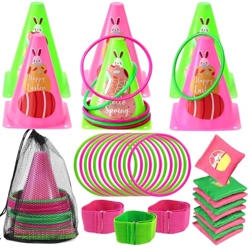 4 in 1 Easter Outdoor Games for Kids and Family, Easter Party Game with Ring Toss, Plastic Cones, Bean Bags, 3-Legged Race Bands, Carnival Spring Games Activities Combo Set for Adult Yard Classroom - color: Easter Green - Sticker
