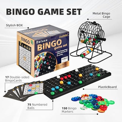 Doublefan Bingo Deluxe Game Set for Adults and Kids - Includes 8 Inch Wheel Cage, 75 Balls, Master Board, 50 Cards and Colorful Chips - Fun Family Game Night