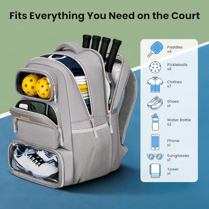 YOREPEK Large Pickleball Bag Backpack,Hold 4 Paddles with Padded Protection | 10 Pockets with Separate Shoe Compartment for Pickleball Accessories, Organized Pickleball Bags for Women Men on Game Day