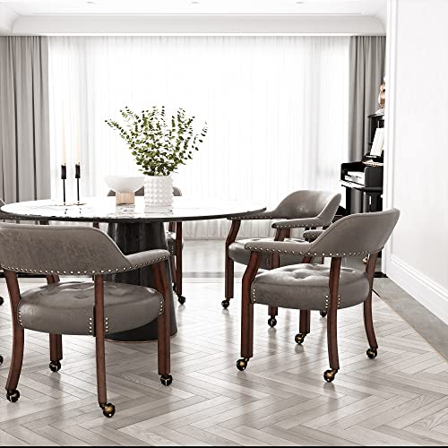 Set of 4 Dining Chair with Casters, Accent Captains Chairs with Wheels & Arms,Wheeled Roller Wood Chairs for Kitchen & Game Poker Table,Cherry&Dark Brown 1533DK(NO Table!) - color: Cherry&dark Brown