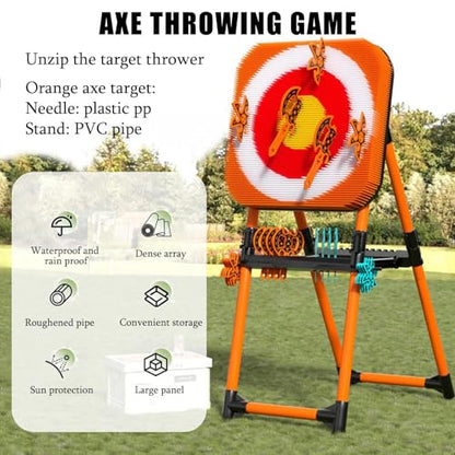 Throw Target Game Set, 2-in-1 Axe Throw & Lawn Dart Combo Backyard Game Set, with 8 Long-Handled Flying Axe & 8 Six-Star Dart for Family Kids Adults Orange-Plasticpipe