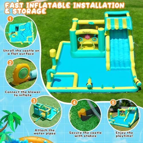 FBSPORT Inflatable Bounce House Water Slide, Widen Water Slide Park 10-in-1 Bounce House with 480W Blower, Jumping, Climbing, Splash Pool, Bouncy Castle for Kids 3-10 Backyard Party Outdoor Indoor