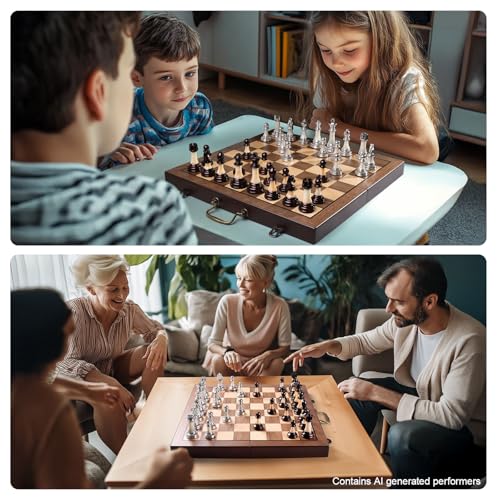 Deluxe Chess Set 16.5'' Wooden Large Folding Chess Board Game with Handle, Weighted Acrylic Chess Pieces - 3.5" King with Storage Slots for Beginners, Professional Players