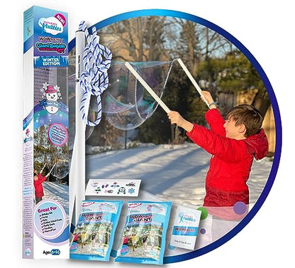 WOWMAZING Giant Bubble Kit Winter – Bubble Wand, 2 Big Bubbles Mix Pouches, 8 Cold-Activated Stickers for Outdoor Winter Fun |Bubbles Made in USA - style: Kit-Winter