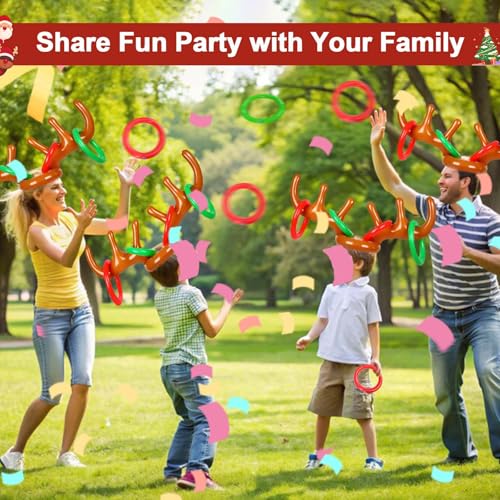 4 Pack Inflatable Reindeer Antler Ring Toss Game, Reindeer Ring Toss Game for Christmas Party, Family, Christmas Decoration, Xmas Fun Amusements (4 Antlers 16 Rings 1 Pump)