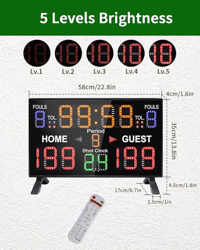 LUCKY TIME Basketball Scoreboard with Shot Clock, 12/14/24/30/25/60 Seconds, Upgraded Thickening Digital Scoreboard with Remote, Battery Powered Electronic Scoreboard for Indoor Outdoor - style: Single-Sided (Remote Control)