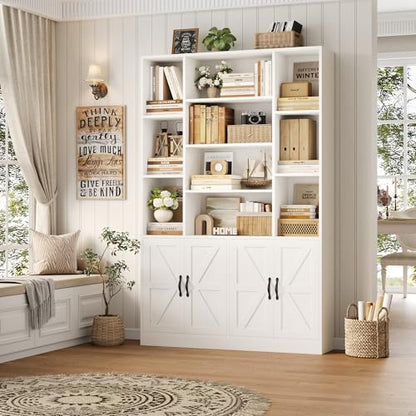 HOSTACK 72” Tall Book Shelf and Bookcase, White Bookshelf with Storage Cabinet, 45” Wide Bookcase with 4 doors, Standing Display Shelves, Modern Farmhouse Book Case for Living Room, Home Office, White - color: White