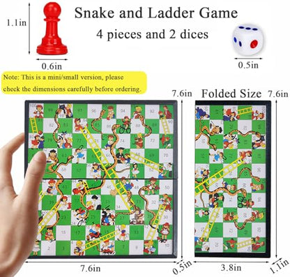KIDAMI Mini Magnetic Snakes and Ladders Board Game Set, Folding Portable Design and Light-Weight, Travel Game Set Gift for Kids Toddlers (7.64 × 7.64 inches) - color: Snakes & Ladders