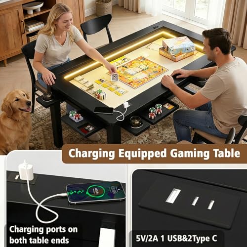 Haddockway Solid Wood Board Game Table with Colorful Led Lights, Dining/Gaming Table for 4-6 Players with Charge Station,Removable Top, Play Mat, 6 Cup Holders & Trays (Black) - color: Solid Wood Black With Led Light
