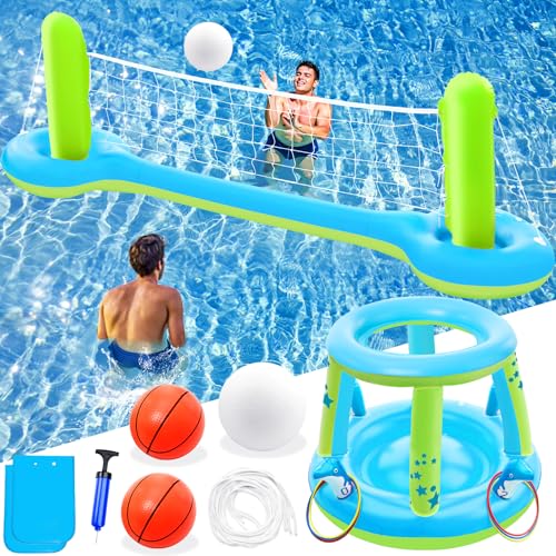 Jasonwell Pool Toys Games Set - 3 in 1 Pool Volleyball Net Basketball Hoop Ring Toss Game Inflatable Floats Water Floating Volleyball Swimming Pools Party Game Gift Kids Teens Adults (Blue&Yellow, L) - color: Blue&yellow, size: Large