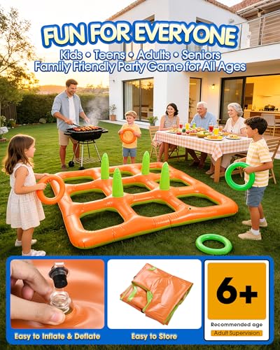 4.9FT Giant Inflatable Tic Tac Toe Pool Game – 2-in-1 Ring Toss Pool Toys for Adults Kids, Floating Summer Pool Party Games for Family, Beach, Backyard (2–10 Players)