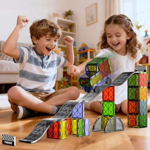 Magnetic Downhill Racer Set 40-Piece with Car & Tracks, STEM Magnetic Tiles Building Toys for Kids Ages 3-8, Montessori Learning Toys with Reinforced Slopes & Loop Pieces - size: 40 Pieces