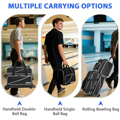 Goloni 3 Ball Bowling Bag with Wheels, 2+1 Double Roller Bowling Bag with Shoe Compartment,Tote Bag for Bowling Accessories - color: 3 Ball-Black