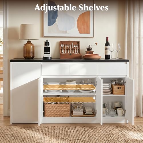 63" White Buffet Cabinet with Storage, Kitchen Sideboard with Folding Table | Modern Console Credenza with Drawers & Doors, Coffee Bar Cabinet for Dining Room, Entryway & Living Room
