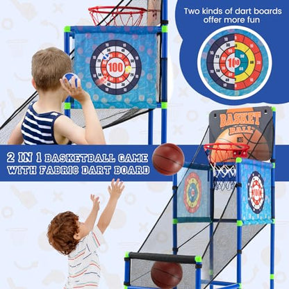 GLACER Kids Basketball Arcade Game, Indoor/Outdoor 2-in-1 PVC Hoop Set with Electronic Scoreboard & Sound, 8 Sticky Balls, 2 Basketballs, ASTM-Certified Basketball Game Toy for Ages 3+