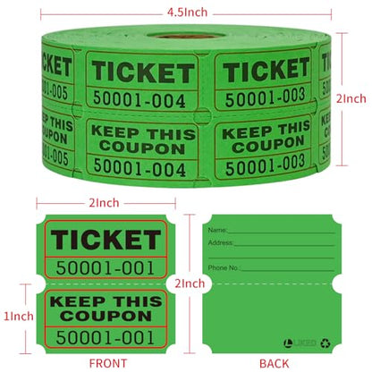 L LIKED Raffle Tickets Double Rolls 1000 Per Roll 50/50 Raffle Tickets for Events,Carnivals, Entry, Class Reward, Prizes(Green) - color: 1000 Green