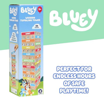 Bluey 8th Wonder Stackable Tumbling Tower Game, Robust Wooden Stacking Game with 54 Illustrated Colored Blocks, Fun Balancing Toy for Kids Ages 3+ - style: Tumbling Tower