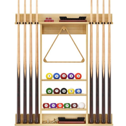 Wall Mounted Pool Cue Rack, Bamboo Billiards Sticks Holder for 8 Cue Sticks, Organizes Full Set of Balls and Pool Table Accessories - color: Bamboo
