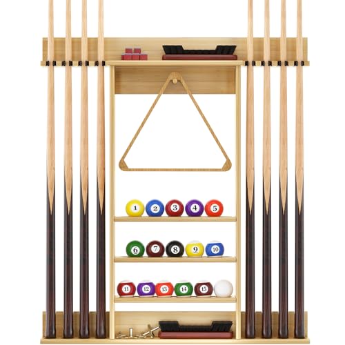 Wall Mounted Pool Cue Rack, Bamboo Billiards Sticks Holder for 8 Cue Sticks, Organizes Full Set of Balls and Pool Table Accessories - color: Bamboo