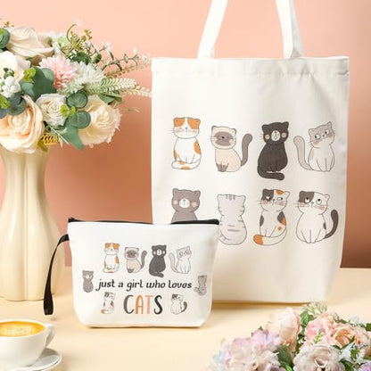 Sieral 2 Pcs Animal Lover Bag Gift for Women Travel Canvas Tote Portable Zipper Pouch Canvas Reusable Grocery Tote - style: Cat