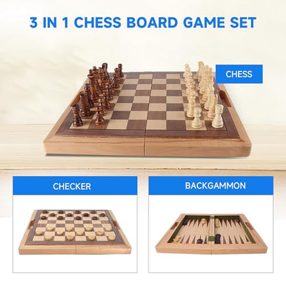 GSE Games & Sports Expert 16" Deluxe 3-in-1 Wooden Folding Chess, Checker & Backgammon Board Game Combo Set, Portable Travel Game Set for Kids & Adults