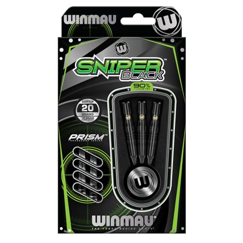 Winmau Sniper Black Professional Darts Set - 90% Tungsten Darts with Flights & Shafts - Match-Weighted Barrels for Steel Tip & Soft Tip Darts - Available in 18g to 24g Weights