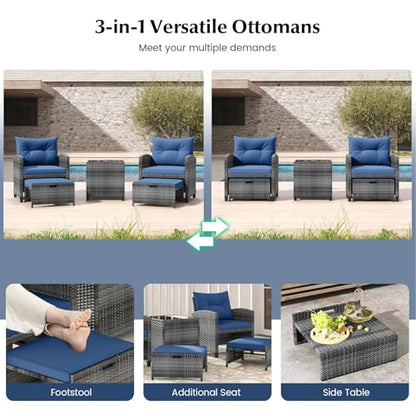 Tangkula 5 Pieces Patio Conversation Set, PE Wicker Rattan Outdoor Furniture Set with 2 Chairs, 2 Ottomans & Tempered Glass Coffee Table, Ideal for Poolside, Backyard, Lawn, Deck, Mix Grey & Navy - color: Mix Grey & Navy