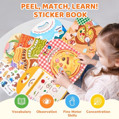 JoyCat Reusable Sticker Book Set (3-Pack): Farm, Pizza-Making, Weather - 90 Pcs Stickers for Toddlers, Kids Sticker Activity Book, Road Trip Travel Toys, Birthday Gifts for Boys and Girls - style: 3-Pack: Weather, Farm, Pizza