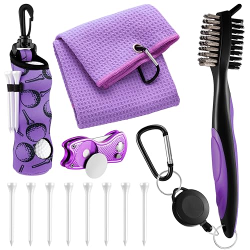 Liliful 12 Pcs Golf Accessories Kit, Include Golf Ball Bag with Hook Towel Tees Magnetic Ball Marker Divot Tool Cleaner Brush for Women Man Gifts - color: Purple, style: Plain
