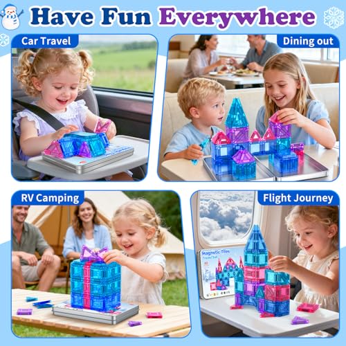 Mini Magnetic Tiles Travel Set 40PCS with Iron Box Princess Castle Pretend Girl Play Toys Age 3 4-5 6-8, Educational Portable Magnet Building Tiles Christmas Birthday Gifts for Toddlers Boys & Girls