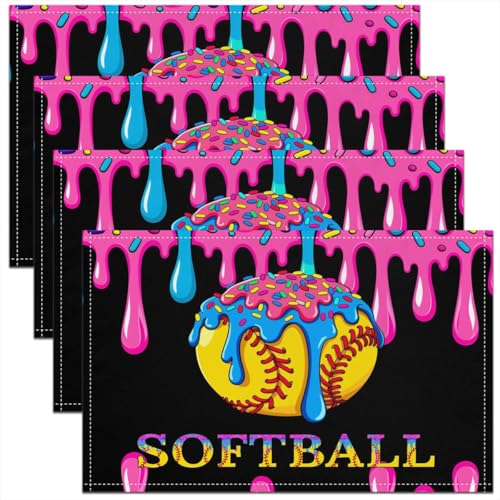 Ice Cream Drip Softball Kids Placemats Set of 4,Ball Sport Game Competition Table Place Mats,Dessert Macaron Kitchen Decor,Black Yellow Placemat Kitchen Table Decoration 12"x18" - color: Black Yellow