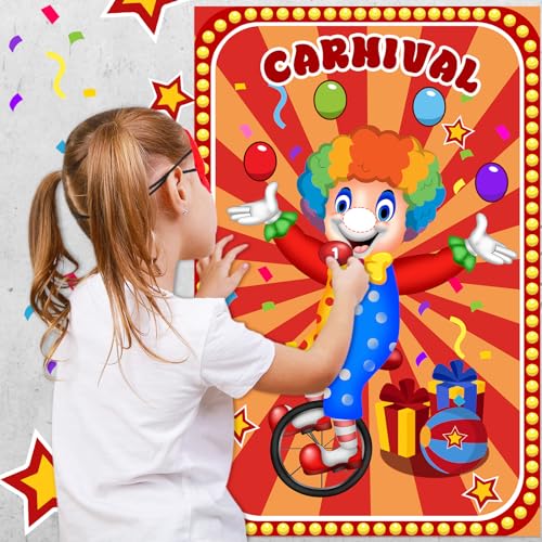 Hooqict Circus Games Pin The Nose on The Clown Carnival Party Games for Kids Clown Party Supplies Circus Themed Birthday Party Decorations, Large Clown Games Poster with 32 Nose Stickers - style: Carnival