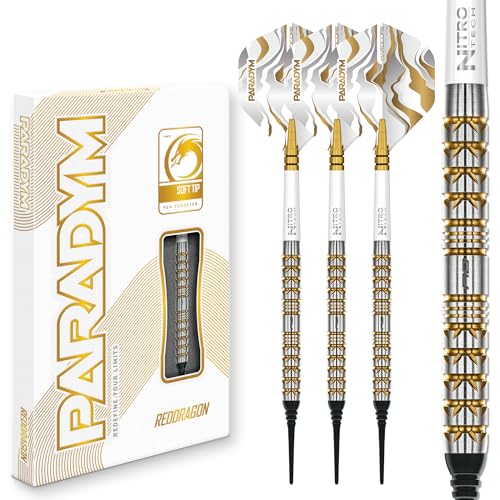 RED DRAGON Darts - Paradym Gold Series - 18g Barrel/ 20g Full Weight - Professional Soft Tip Darts Set - 90% Tungsten Parallel Barrel - Includes Dart Flights & Stems - Professional Dart Set