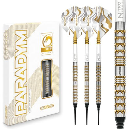 RED DRAGON Darts - Paradym Gold Series - 18g Barrel/ 20g Full Weight - Professional Soft Tip Darts Set - 90% Tungsten Parallel Barrel - Includes Dart Flights & Stems - Professional Dart Set