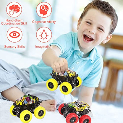 M SANMERSEN Monster Truck Toys for Kids, Friction Cars for Toddlers Push and Go 360° Rotating Stunt Car for 3+ Year Old Boys Girls Gifts (2 Pack - Red and Yellow) - color: Red