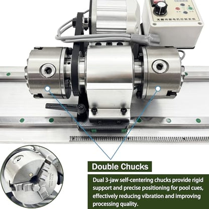 Professional Pool Cue Lathe Machine Billiard Cue Repair Lathe Machine | Multi-Functional Snooker Cue Tip Repair Kit, Brushless Motor, for Pool Stick, 200-6500RPM, Double Track Chuck, 550W 110V