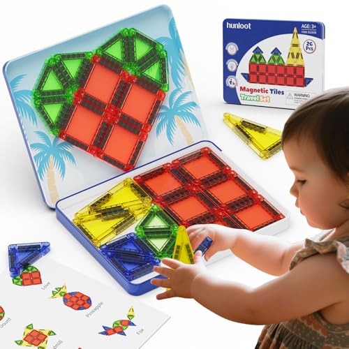 Magnetic Tiles Mini Building Blocks STEM Toys for 3-8 Year Olds, 26PCS Travel-Friendly Set with Storage Iron Box, Educational Construction Playset for Toddlers, Birthday Gift for Boys & Girls - style: 26PCS Blue