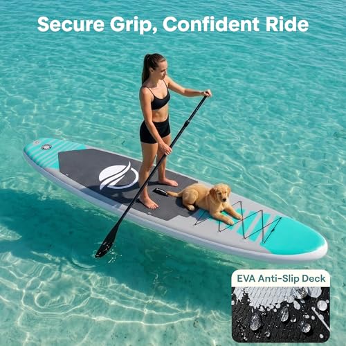 SereneLife 10’6" Inflatable Stand Up Paddle Board with Premium SUP Accessories - Wide Stable Design with Non-Slip EVA Deck Pad, for Youth and Adults, 350 lbs. Capacity - color: Turquoise