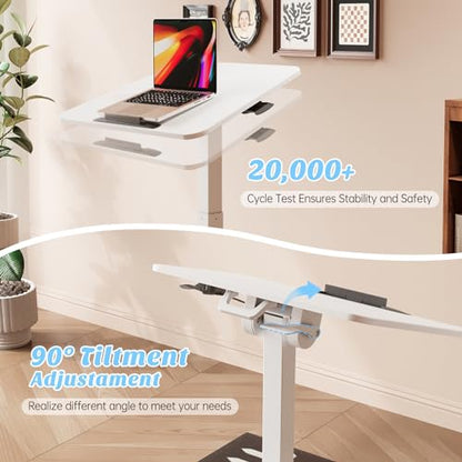Foldable Mobile Standing Desk, 90 Tiltable Rolling Standing Desk, Height Adjustable Portable Laptop Workstation for Home Office, Easy to Fold, White - color: White