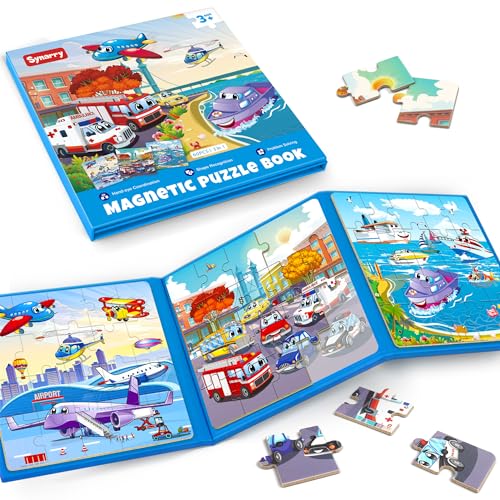 SYNARRY Air Land Water Transport Magnetic Puzzles for Toddlers 3-5, 20 Pieces Travel Puzzles for Kids Ages 4-6, Car Airplane Road Trip Activities Toys for 3 4 5 6 Year Old Boys Girls Birthday Gifts - style: Transport