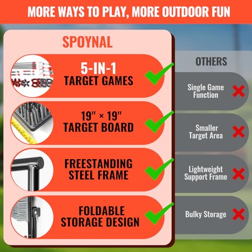 SPOYNAL 5 in 1 Steel Axe Throwing Target Set, Outdoor Target Game with Axes, Throwing Stars, Darts, Lawn Darts, Bow & Arrows, Foldable Steel Frame, Yard Games for Adults, Backyard & Camping