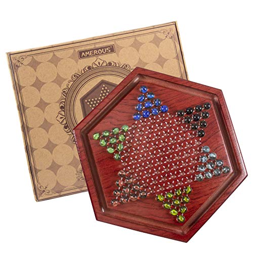 AMEROUS 13.6 inches Wooden Chinese Checkers Board Game Set with 60 Colorful Glass Marbles, Classic Strategy Game for Kids, Adults, Whole Family Play (Up to Six Players)