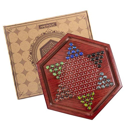 AMEROUS 13.6 inches Wooden Chinese Checkers Board Game Set with 60 Colorful Glass Marbles, Classic Strategy Game for Kids, Adults, Whole Family Play (Up to Six Players)