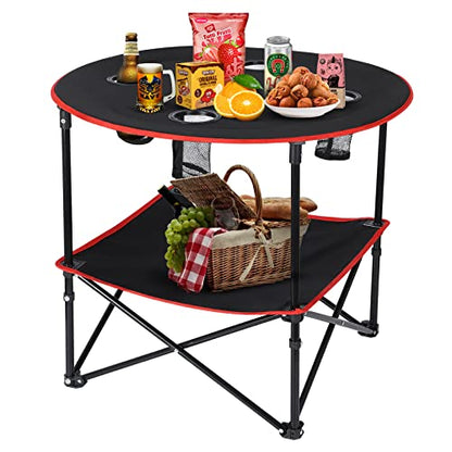 Camping Table Portable Folding Side Table with 4 Cup Holders | 600D Canvas & Steel Frame, Carry Case Included, For Outdoor Picnic, Beach, Games, Camp & Patio, Travel & Storage