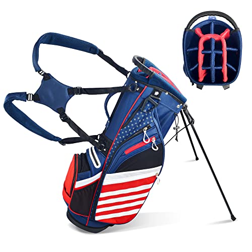 BOBOPRO Golf Stand Bag, Lightweight 14 Way Top Dividers Golf Carry Bag with 8 Pockets, USA Stars & Stripes Golf Bag for Golf Club Golf Cart for Men & Women