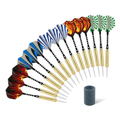 15 Pack Steel Tip Darts 18 Grams, Professional Darts Metal Tip Set with Aluminum Shafts, Standard Flights, Rubber O'Rings and Extra Dart Sharpener