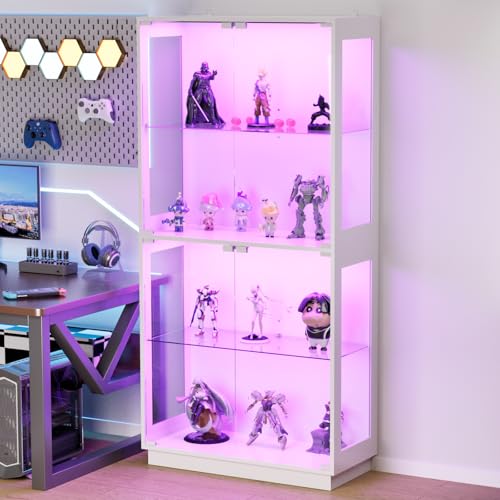 Display Cabinet with Glass Doors 4 Tier Glass Display Case with RGB LED Lights Display Cases for Collectibles Adjustable Shelves Display Case, for Game Room, Living Room, Bedroom, White - color: White