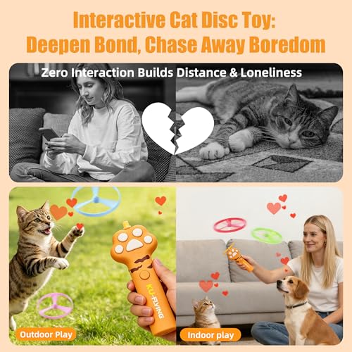 Cat Fetch Toy Launcher, Flying Disc Launcher with Rechargeable & 6 Soft Flying Discs (3 Glow), Easy Use Interactive Toys for Indoor Adult Cats & Kittens for Enrichment