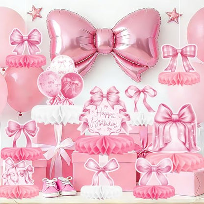 Pink Bow Birthday Decorations Set - Bow Party Decorations with Honeycomb Centerpieces & Table Centerpieces for Splendid Pink Bow Themed Party Supplies - style: pink bow